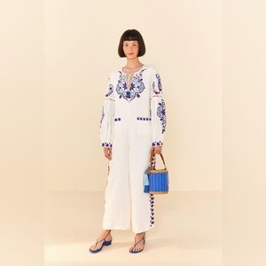 NWT $365 FARM Rio Linen Embroidered Long Sleeve Jumpsuit Sz M